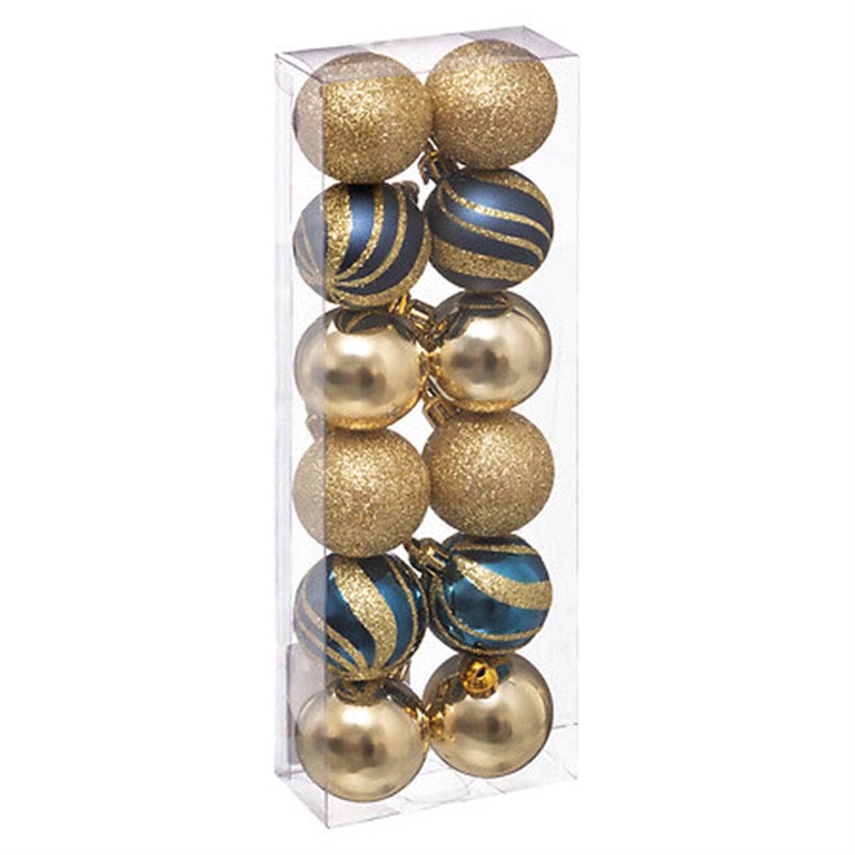Boules de Noël bleu et or, brillantes et pailletées, dans une boîte transparente.