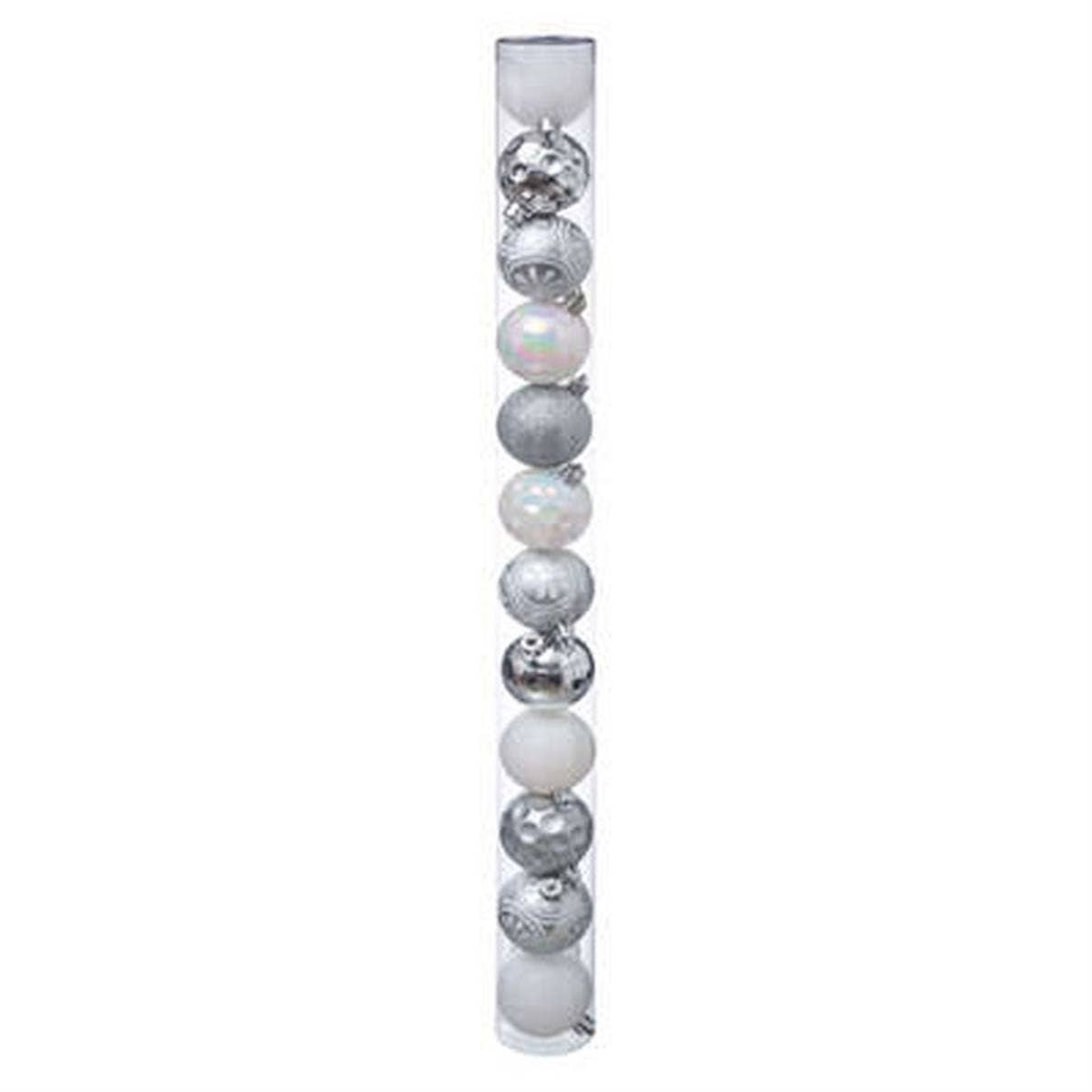 Tube transparent de boules de Noël blanches et argentées Souffle Polaire.