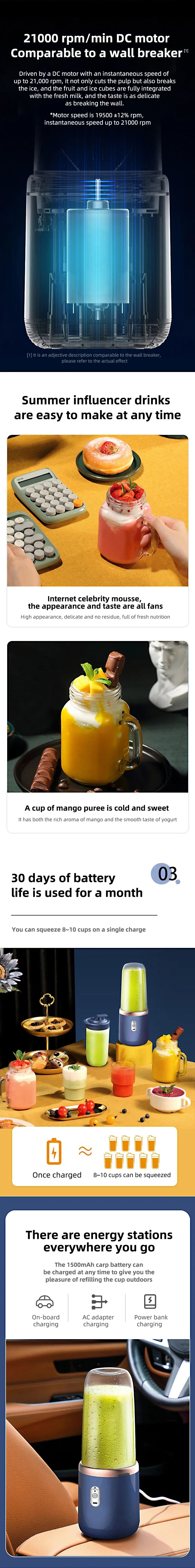 Bouteille mixeuse portable électrique à 6 lames, mixeur à jus multifonction pour smoothies et jus frais, gobelet pour piler la glace, robot culinaire
