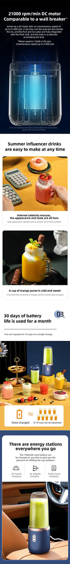 Bouteille mixeuse portable électrique à 6 lames, mixeur à jus multifonction pour smoothies et jus frais, gobelet pour piler la glace, robot culinaire