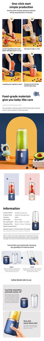 Bouteille mixeuse portable électrique à 6 lames, mixeur à jus multifonction pour smoothies et jus frais, gobelet pour piler la glace, robot culinaire