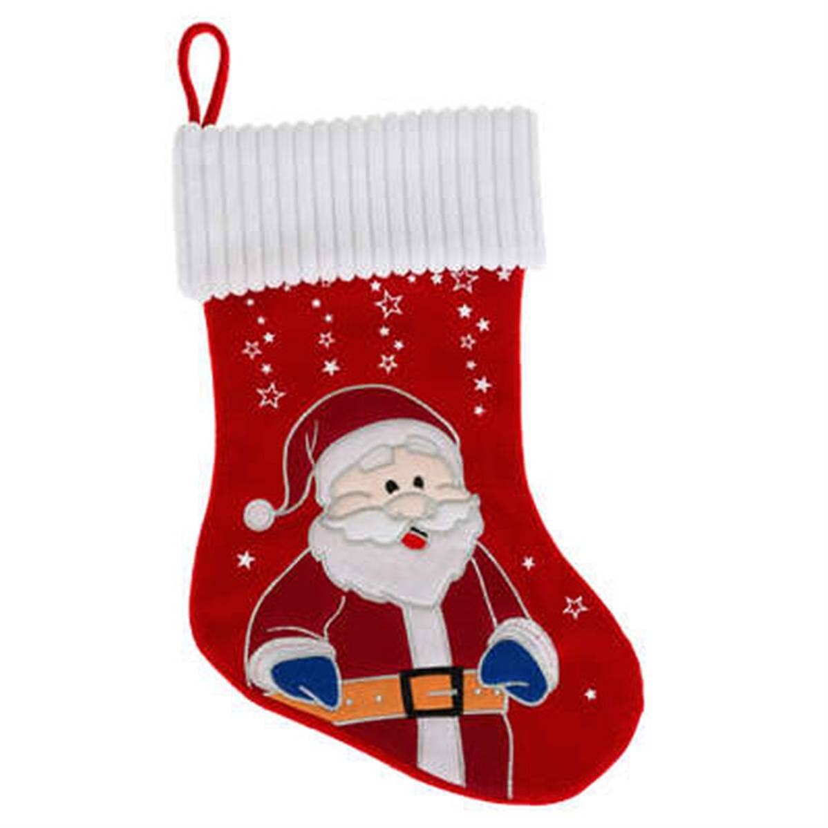 Botte de Noël rouge avec revers blanc, motif Père Noël et petites étoiles.